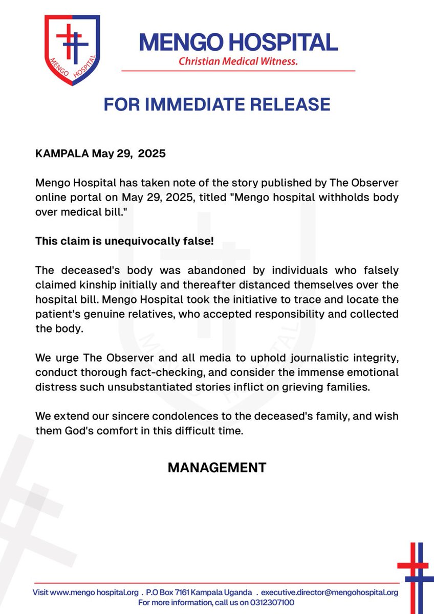 mengo_hospital's tweet photo. We have taken note of a story run on @observerug ‘s online portal with great concern and we’re setting the record straight …

#MengoCares https://t.co/VqgsT3W0eD
