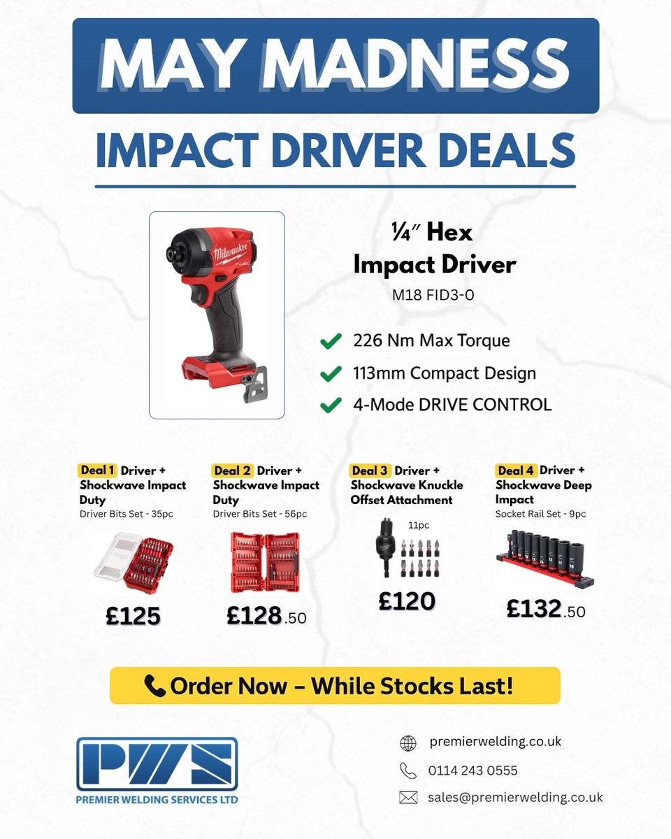 Premier Welding Services is rounding off May Madness with a top offer on the <a href="/MilwaukeeTool/">Milwaukee Tool</a> M18 FUEL™ ¼″ Hex Impact Driver – compact, powerful, and fast.

Enquire now:
📞 0114 243 0555
📧 sales@premierwelding.co.uk

Browse the full Milwaukee range 👉 tiny.cc/a45l001