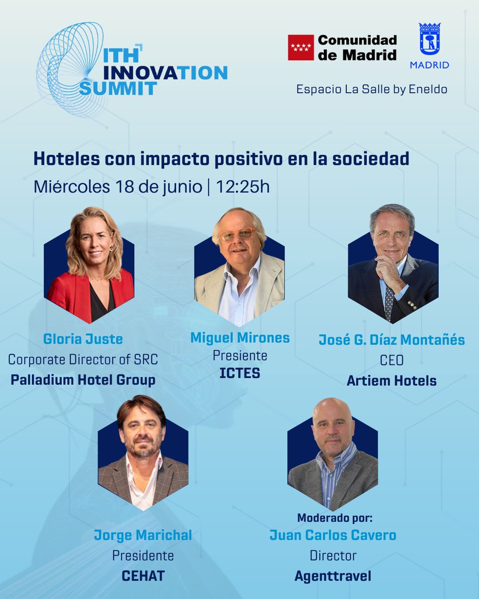 ITH (@ithotelero) on Twitter photo Hoteles con impacto positivo en la sociedad 🌍
El 18 de junio a las 12:25h
Con <a href="/artiemhotels/">ARTIEM</a>, <a href="/CEHATes/">CEHAT</a>, <a href="/QCalidad/">ICTES</a> y <a href="/PalladiumHG/">PalladiumHG</a>
Modera <a href="/AgenttravelES/">Agenttravel.es</a>
#ITHSUMMIT25
📍 Espacio La Salle by Eneldo
ℹ️ ithotelero.com/ith-innovation… Hoteles con impacto positivo en la sociedad 🌍
El 18 de junio a las 12:25h
Con <a href="/artiemhotels/">ARTIEM</a>, <a href="/CEHATes/">CEHAT</a>, <a href="/QCalidad/">ICTES</a> y <a href="/PalladiumHG/">PalladiumHG</a>
Modera <a href="/AgenttravelES/">Agenttravel.es</a>
#ITHSUMMIT25
📍 Espacio La Salle by Eneldo
ℹ️ ithotelero.com/ith-innovation…