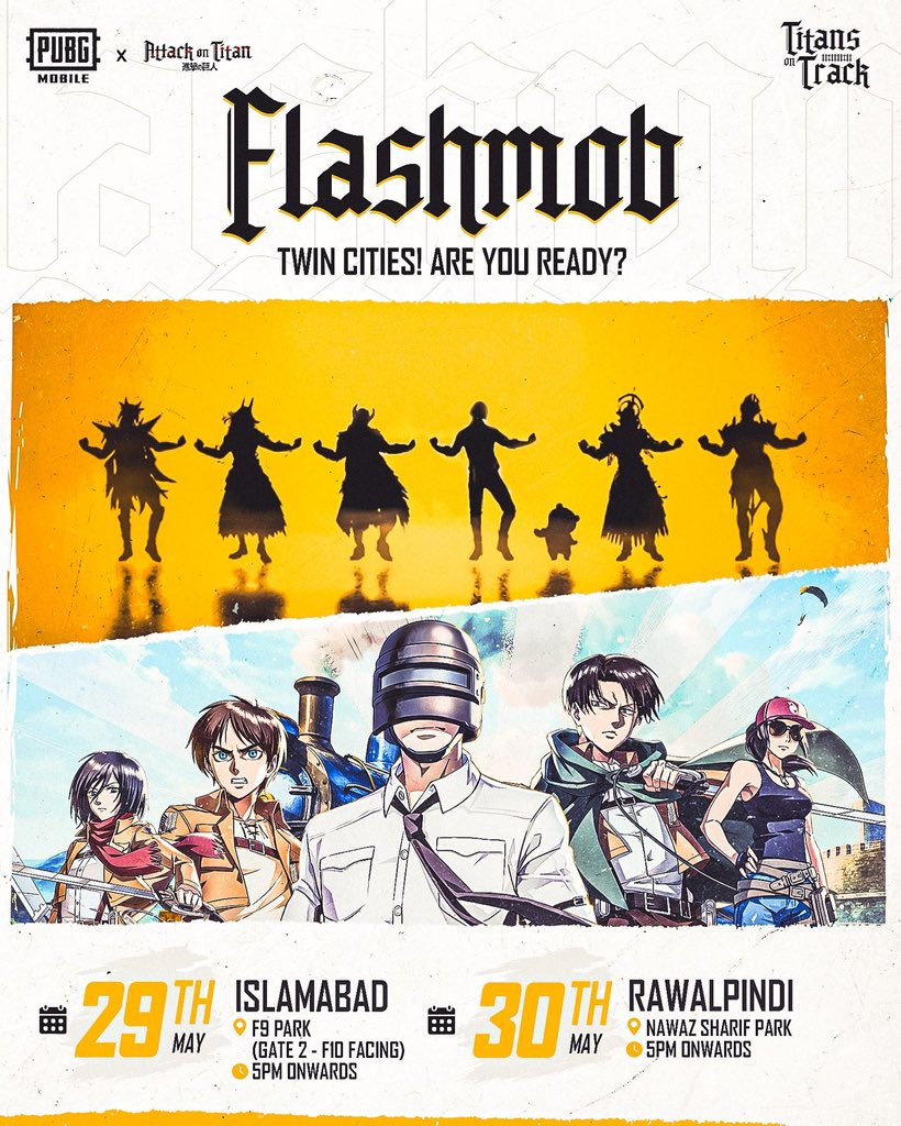 PUBGMPKOFFICIAL's tweet photo. Apnay squad ko laykar pohanch jayen F-9 Park Islamabad🤩🥳 

PUBG MOBILE aapkay liye laya hai special Flashmob performance 🤩🥳

#TitansOnTrack #PUBGMPK #PUBGmobile #Islamabad #Flashmob https://t.co/RCGIb99nSs