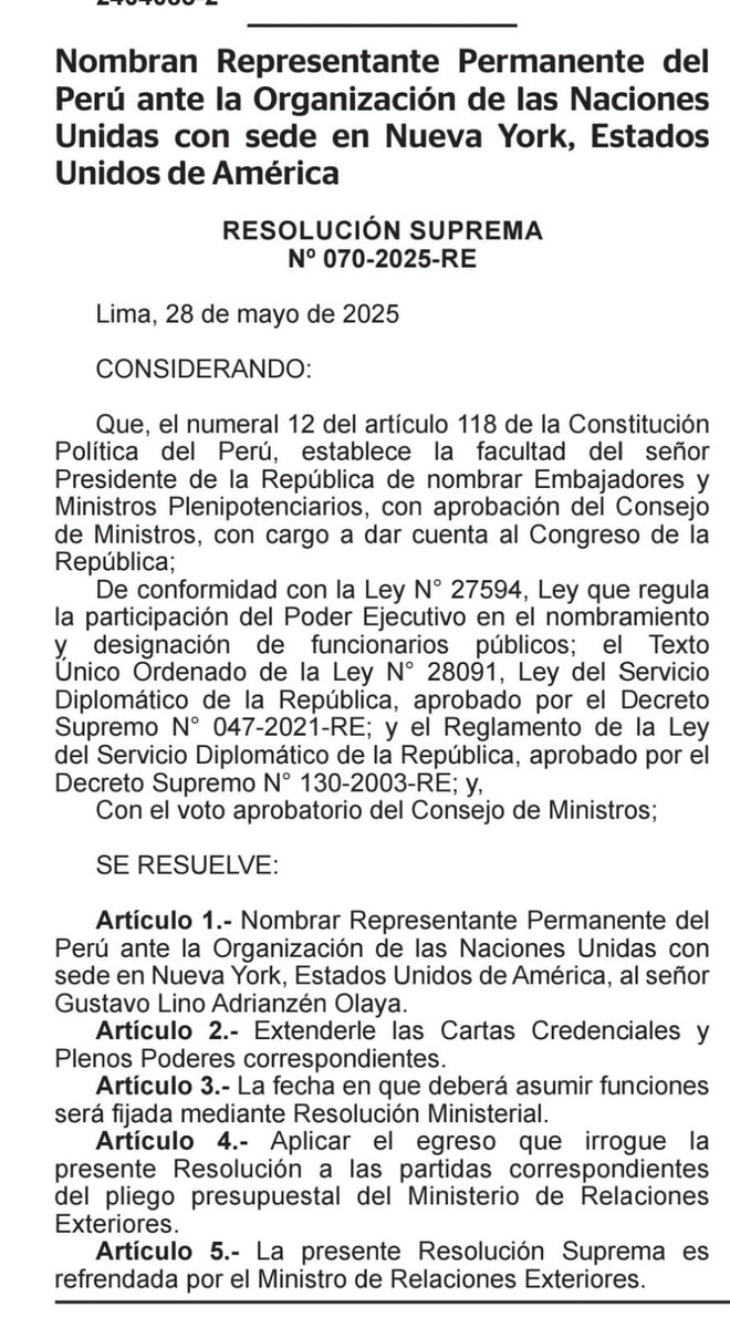 Gustavo Adrianzén es el nuevo representante del Perú ante la ONU. El gob de la presidenta Dina Boluarte nombra al expremier en reemplazo del embajador Enrique Román Morey.
