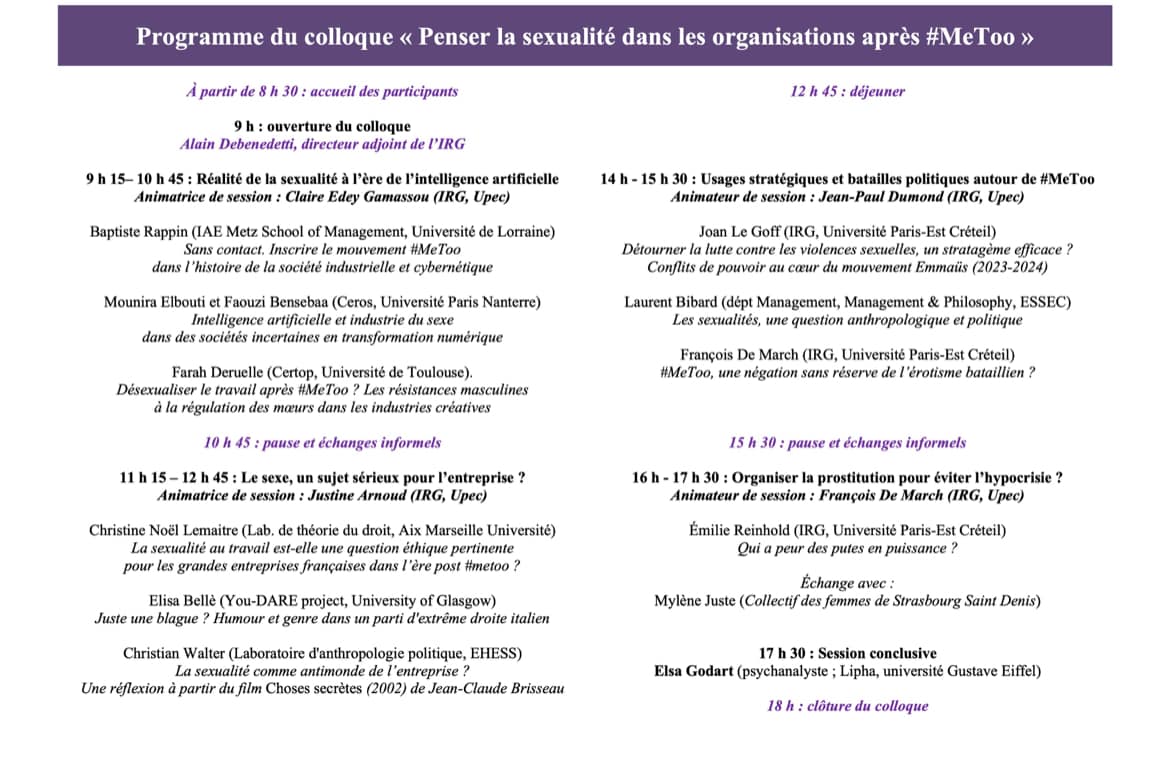 📅 Ce lundi 02 juin 2025 verra la participation, à l' IAE Paris-ESt de Créteil, d'<a href="/elsagodart/">Elsa Godart</a> au colloque "Penser la sexualité dans les organisations après #METOO", dont elle assurera la séance conclusive.

Plus d'informations ici 👉 u-pec.fr/fr/recherche/c…