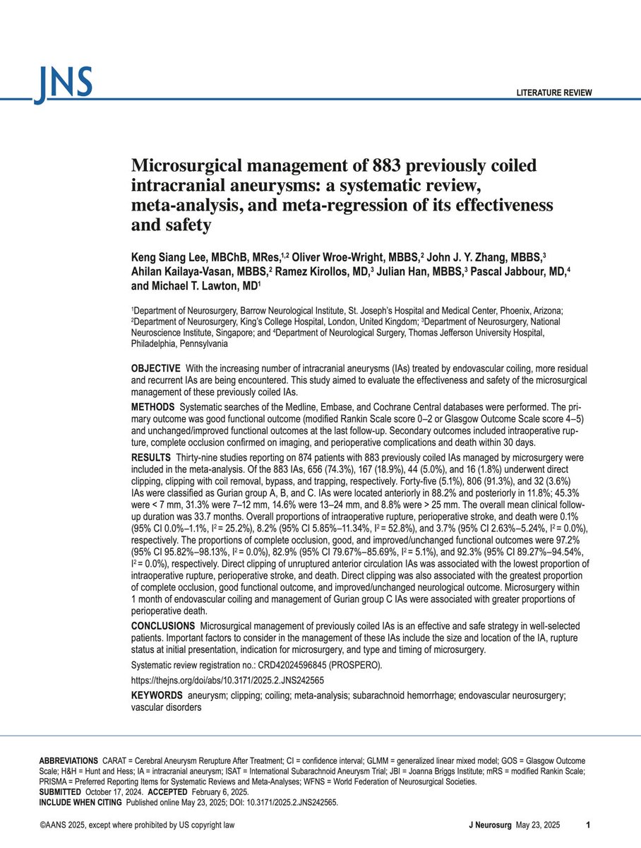 King's Neurosurgery (@kingsneuro) on Twitter photo Multicentre collaboration!
"Microsurgical management of 883 previously coiled intracranial aneurysms: a SR, MA, and meta-regression of its effectiveness and safety" published in <a href="/TheJNS/">Journal of Neurosurgery</a> with <a href="/mtlawton/">Michael T. Lawton, MD</a> <a href="/PascalJabbourMD/">Pascal Jabbour MD, FAANS, FACS, FAHA</a>
👏<a href="/kengsianglee/">Keng Siang Lee</a> <a href="/AhilanKVasan/">Ahilan Kailaya-Vasan FRCS</a> <a href="/OCTWW/">Oliver Wroe Wright</a>
doi.org/10.3171/2025.2… Multicentre collaboration!
"Microsurgical management of 883 previously coiled intracranial aneurysms: a SR, MA, and meta-regression of its effectiveness and safety" published in <a href="/TheJNS/">Journal of Neurosurgery</a> with <a href="/mtlawton/">Michael T. Lawton, MD</a> <a href="/PascalJabbourMD/">Pascal Jabbour MD, FAANS, FACS, FAHA</a>
👏<a href="/kengsianglee/">Keng Siang Lee</a> <a href="/AhilanKVasan/">Ahilan Kailaya-Vasan FRCS</a> <a href="/OCTWW/">Oliver Wroe Wright</a>
doi.org/10.3171/2025.2…