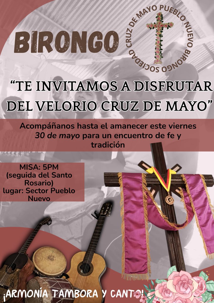 Acompáñanos a disfrutar este viernes #30May a la celebración del Velorio de Cruz de Mayo en #Birongo  lugar Sector Pueblo Nuevo a las 5pm

🥁🥁Armonía, tambor y canto!

👀👉curiosoteatro.com

💃🎭 Dónde la cultura es la protagonista 

#fiesta
#celebration 
#homenaje