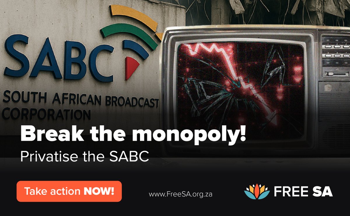 Break the broadcast monopoly!
The SABC is collapsing under the weight of mismanagement, political interference, and an outdated model. 

Free SA is calling for the full privatisation of the SABC. No more bailouts, no more propaganda, no more state-controlled media. It's time for