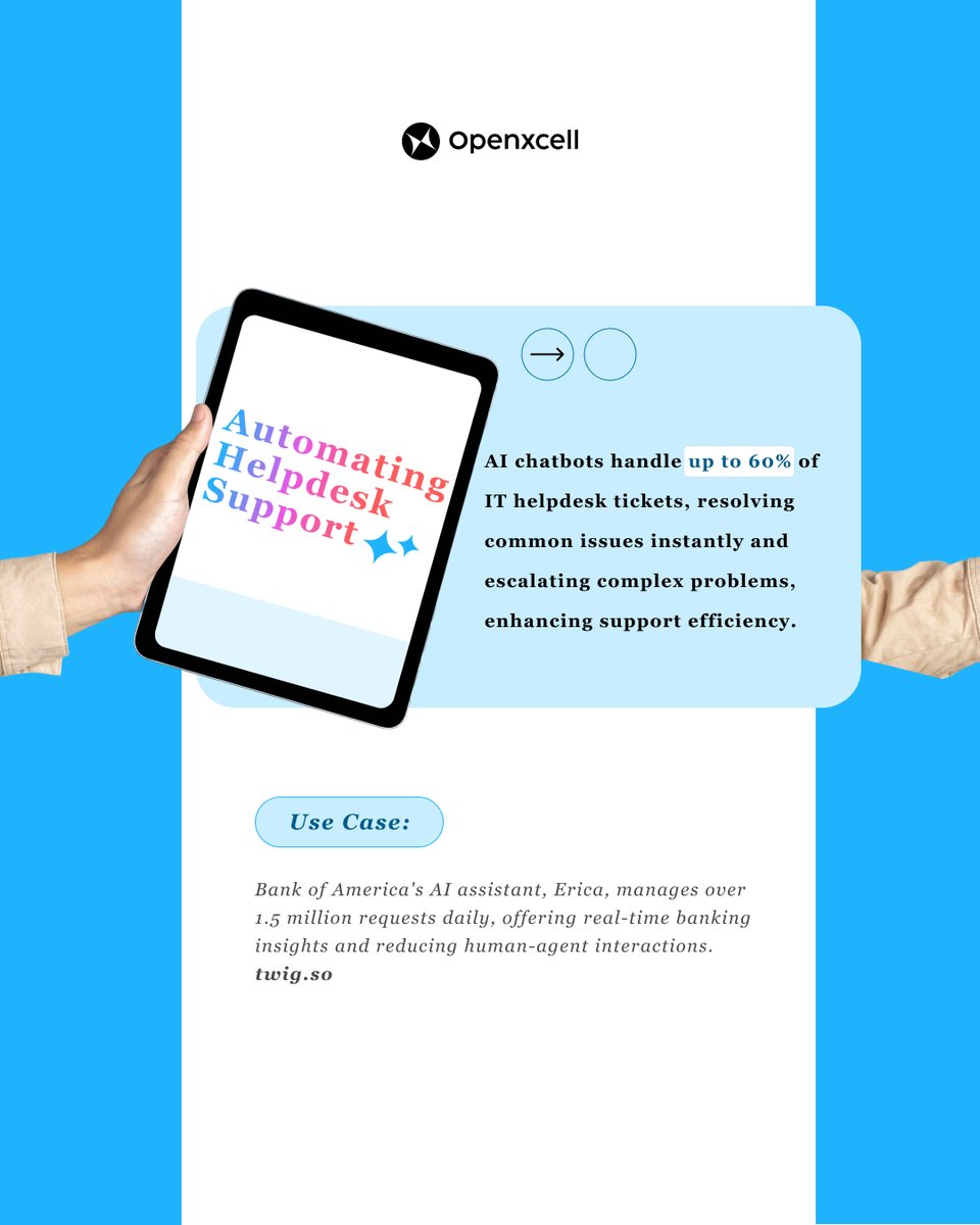 openxcell's tweet image. Discover how AI is revolutionizing IT support—from automating routine tasks to proactive network monitoring and intelligent helpdesk chatbots.
#AI #ITAutomation #TechInnovation #NetworkMonitoring #HelpdeskSupport #RoboticProcessAutomation #DigitalTransformation