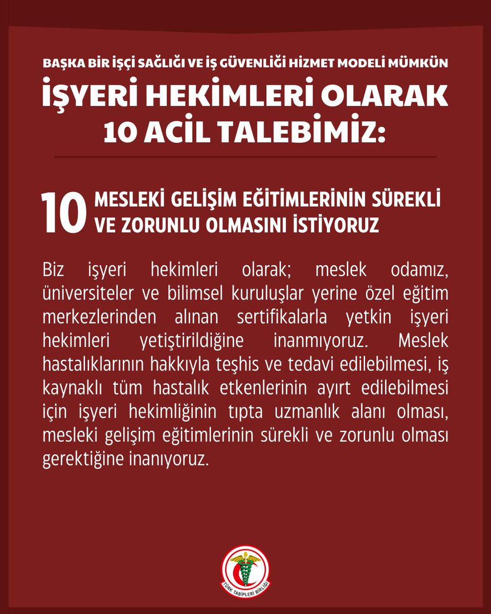 İstanbul Tabip Odası (@istabip) on Twitter photo ❗️İşyeri Hekimlerinin 10 Acil Talebi Var❗️
Talep 10: Mesleki Gelişim Eğitimlerinin Sürekli Ve Zorunlu Olmasını İstiyoruz <a href="/csgbakanligi/">T.C. Çalışma ve Sosyal Güvenlik Bakanlığı</a>
Biz işyeri hekimleri olarak; meslek odamız, üniversiteler ve bilimsel kuruluşlar yerine özel eğitim merkezlerinden alınan sertifikalarla ❗️İşyeri Hekimlerinin 10 Acil Talebi Var❗️
Talep 10: Mesleki Gelişim Eğitimlerinin Sürekli Ve Zorunlu Olmasını İstiyoruz <a href="/csgbakanligi/">T.C. Çalışma ve Sosyal Güvenlik Bakanlığı</a>
Biz işyeri hekimleri olarak; meslek odamız, üniversiteler ve bilimsel kuruluşlar yerine özel eğitim merkezlerinden alınan sertifikalarla