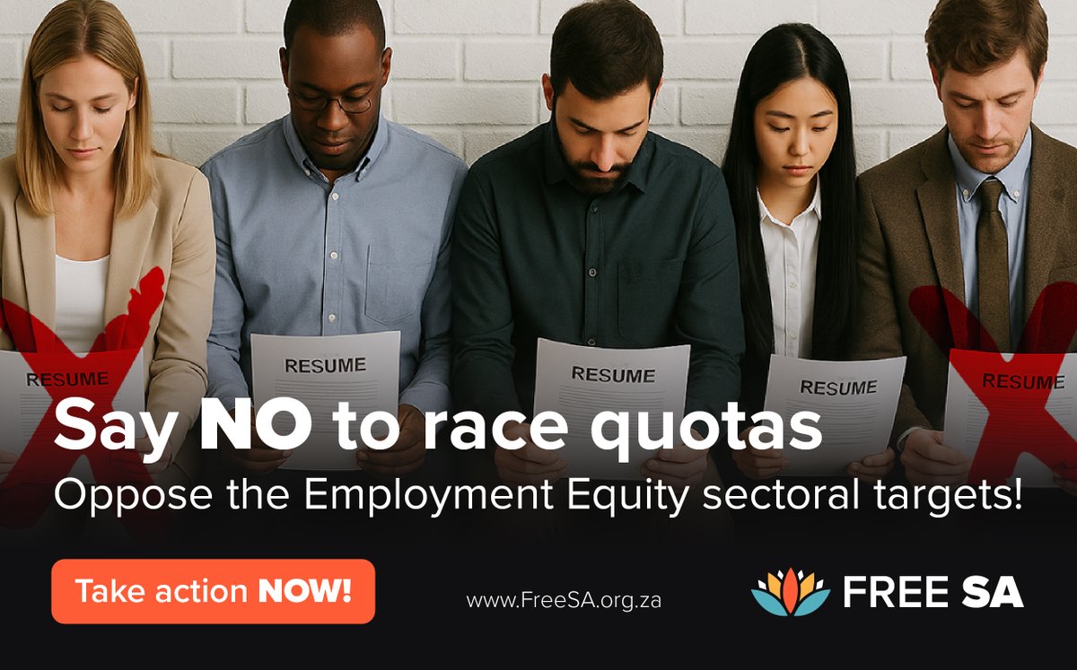 Re-Racialising the Economy? Oppose the Employment Equity Sectoral Targets!

Free SA rejects the Department of Employment and Labour’s newly gazetted sectoral targets as unconstitutional social engineering. These rigid racial and gender quotas, imposed without transparent data or