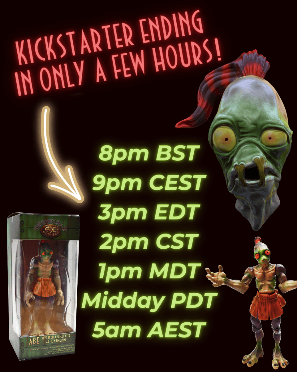 OddworldInc's tweet photo. The end is very much nigh!

If you want the Abe Action Figure by Gametee, please do go and make your pledge on the Kickstarter asap. This is a limited edition run and there are no guarantees of buying one after the campaign ends! 😬

Search Abe Action Figure on Kickstarter or go here: https://t.co/xv5hTq5U5E

#Oddworld #AbeOddworld