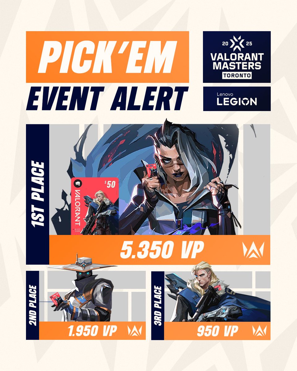 𝐕𝐀𝐋𝐎𝐑𝐀𝐍𝐓 𝐌𝐀𝐒𝐓𝐄𝐑𝐒 𝐓𝐎𝐑𝐎𝐍𝐓𝐎 𝐏𝐈𝐂𝐊'𝐄𝐌 𝐄𝐕𝐄𝐍𝐓 🔮
Are you a Valorant esports expert? Take part in the Dynasty x Lenovo Legion PICK'EM event and you could win 5,350 VP! 🥇#VALORANTmasters 

✏️Submit your PICK'EM now – dynasty.pickems.app/valorant-maste…