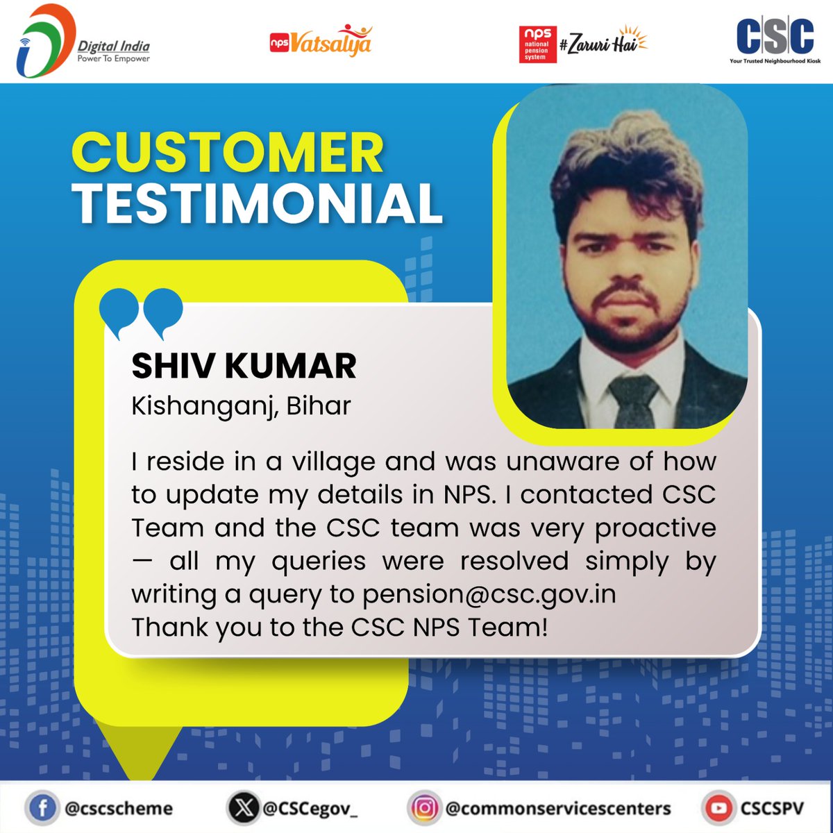 🌟 Subscriber Testimonial 🌟
"All my queries were resolved simply by writing a query to pension@csc.gov.in "
–A happy subscriber sharing their experience with NPS service
#NPSZaruriHai #PFRDA #NPS #RetirementBenefits

<a href="/CSCegov_/">CSCeGov</a> <a href="/sanjaykrakesh/">Sanjay K Rakesh</a> <a href="/Krisiirm/">Krishna Kumar Singh</a> <a href="/sarvdeep81/">sarvdeep singh</a> <a href="/PFRDAOfficial/">PFRDA</a>