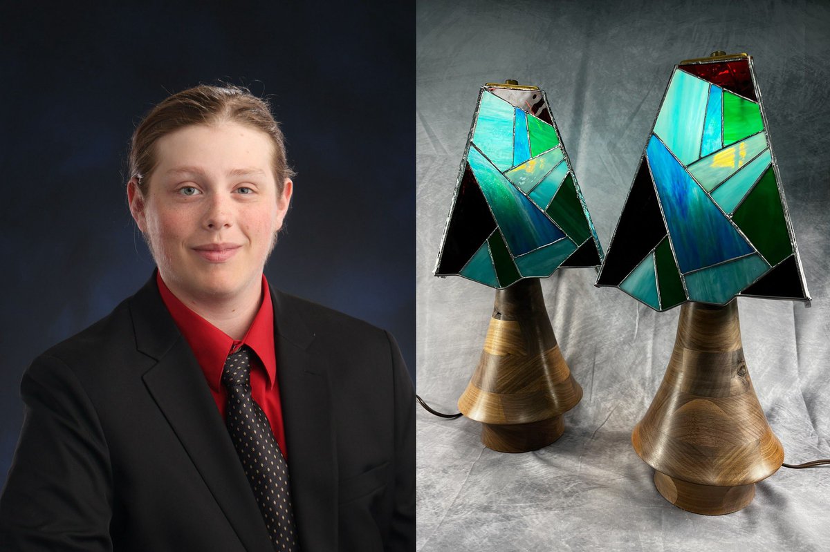BHS student Brian Rudnicki has received this year's BHS Principal Art Award! He made these two lamps from walnut and stained glass. He says the color scheme of the lampshades is based on the various colors of the northern lights in the night sky. 🌌 #ThePlaceToB