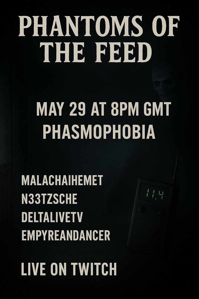 malachaihemet's tweet photo. 👻 Going ghost hunting TONIGHT at 8PM GMT in a Phasmophobia collab with EmpyreanDancer, @DeltaTVLive, and N33TZSCHE!
4 communities. 1 chat. Total chaos. 💀

🔴 Don’t miss it! #Phasmophobia #Twitch #HorrorGaming https://t.co/qGqcefALYu