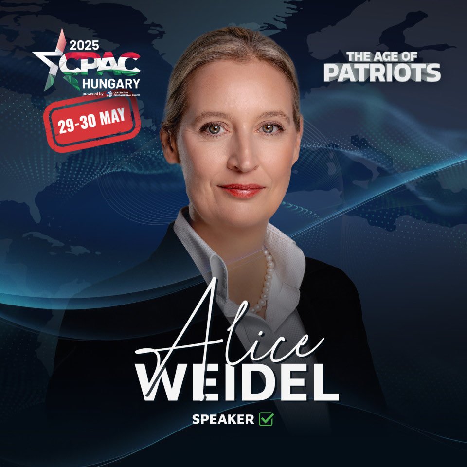 AfD (@afd) on Twitter photo AfD-Bundessprecherin <a href="/Alice_Weidel/">Alice Weidel</a> ist zu Gast bei der #CPACHungary2025! Morgen früh ab ca. 9:15 Uhr hier ihre Rede live mitverfolgen: cpachungary.com/en/ AfD-Bundessprecherin <a href="/Alice_Weidel/">Alice Weidel</a> ist zu Gast bei der #CPACHungary2025! Morgen früh ab ca. 9:15 Uhr hier ihre Rede live mitverfolgen: cpachungary.com/en/