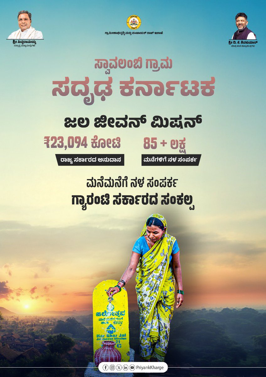 PriyankKharge's tweet image. ‘ಜಲ ಸ್ವಾವಲಂಬಿ ಗ್ರಾಮ‘ ನಿರ್ಮಿಸುವುದು ನಮ್ಮ ಧ್ಯೇಯ.
ಗ್ರಾಮಗಳಲ್ಲಿರುವ ಜಲ ಮೂಲಗಳನ್ನು ಗುರುತಿಸಿ, ಅವುಗಳನ್ನು ಪುನಃರುಜ್ಜೀವನಗೊಳಿಸುವ ನಿಟ್ಟಿನಲ್ಲಿ ದೃಢ ಹೆಜ್ಜೆಗಳನ್ನು ಇಡಲಾಗುತ್ತಿದೆ.

ಇದರೊಂದಿಗೆ ಮನೆ ಮನೆಗೂ ನೀರಿನ ಸಂಪರ್ಕ ನೀಡುವ ಸಲುವಾಗಿ ರಾಜ್ಯ ಸರ್ಕಾರವು ₹23.094 ಕೋಟಿ ರೂಪಾಯಿಗಳನ್ನು ವೆಚ್ಚ ಮಾಡಿದ್ದು, ಸುಮಾರು 85…