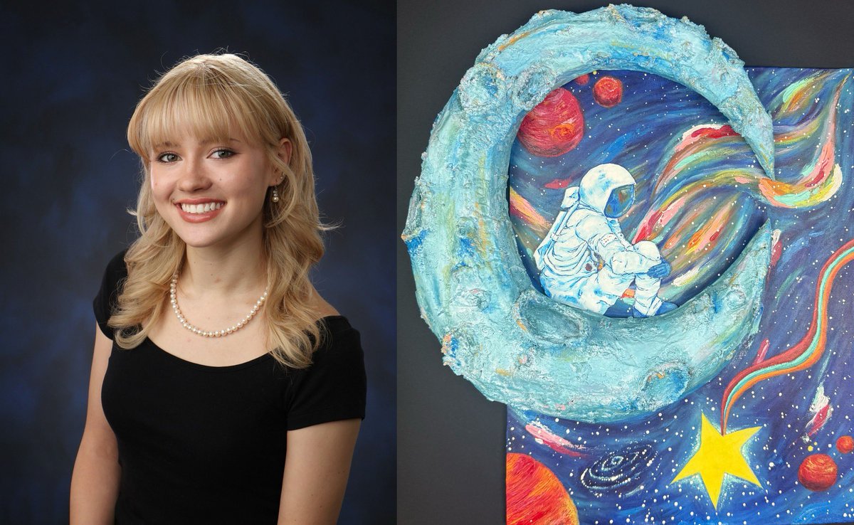 BHS student Camryn Larsen has received this year's Superintendent Art Award! Her painting of an astronaut overlooking outer space depicts the idea of escapism, as the astronaut finds peace among the stars, away from the worries of reality. 🚀💫 #ThePlaceToB