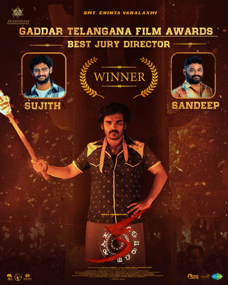 srichakraas entertainments (@srichakraas) on Twitter photo A proud moment for the entire #KA team! 🙌
Directors <a href="/DirSujith/">Sujith</a> & <a href="/Dir_SandeepM/">sandeep deep</a> have been honoured with the Best Jury Director Award at the Gaddar Telangana Film Awards 2024.
<a href="/Kiran_Abbavaram/">Kiran Abbavaram</a> <a href="/UrsNayan/">Nayansarika</a> <a href="/tanviram_/">Tanviram</a> <a href="/SamCSmusic/">𝐒𝐀𝐌 𝐂 𝐒</a> #ChintaGopalaKrishnaReddy
#KiranAbbavaram A proud moment for the entire #KA team! 🙌
Directors <a href="/DirSujith/">Sujith</a> & <a href="/Dir_SandeepM/">sandeep deep</a> have been honoured with the Best Jury Director Award at the Gaddar Telangana Film Awards 2024.
<a href="/Kiran_Abbavaram/">Kiran Abbavaram</a> <a href="/UrsNayan/">Nayansarika</a> <a href="/tanviram_/">Tanviram</a> <a href="/SamCSmusic/">𝐒𝐀𝐌 𝐂 𝐒</a> #ChintaGopalaKrishnaReddy
#KiranAbbavaram