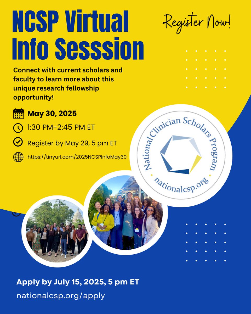 National CSP (@nationalcsp) on Twitter photo Questions about NCSP or the application process? Join our virtual info session with current faculty and scholars on May 30th! Register: tinyurl.com/2025NCSPInfoMa… <a href="/NCSP_UCLA/">NCSP at UCLA</a> <a href="/NCSP_UCSF/">NCSP at UCSF</a> <a href="/ncspMICHIGAN/">Nat’l Clinician Scholars Program at U-M IHPI</a>
<a href="/NCSP_Penn/">NCSP at Penn</a> <a href="/NCSP_Yale/">NCSP at Yale</a> <a href="/NCSP_Duke/">NCSP at Duke</a> Questions about NCSP or the application process? Join our virtual info session with current faculty and scholars on May 30th! Register: tinyurl.com/2025NCSPInfoMa… <a href="/NCSP_UCLA/">NCSP at UCLA</a> <a href="/NCSP_UCSF/">NCSP at UCSF</a> <a href="/ncspMICHIGAN/">Nat’l Clinician Scholars Program at U-M IHPI</a>
<a href="/NCSP_Penn/">NCSP at Penn</a> <a href="/NCSP_Yale/">NCSP at Yale</a> <a href="/NCSP_Duke/">NCSP at Duke</a>