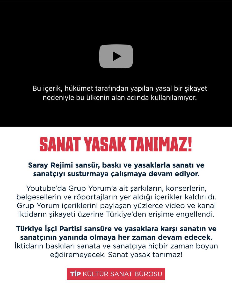Türkiye İşçi Partisi sansüre ve yasaklara karşı sanatın ve sanatçının yanında olmaya her zaman devam edecek. İktidarın baskıları sanata ve sanatçıya hiçbir zaman boyun eğdiremeyecek. Sanat yasak tanımaz!