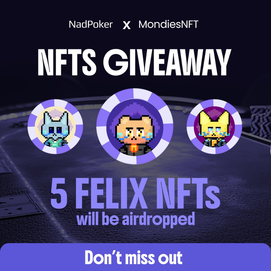 MondiesNFT (@mondiesnft) on Twitter photo 🎉 Celebrating the mint of FELIX NFTs by our lovely frens at NadPoker!
Minting begins May 30 at 4 PM UTC on <a href="/MEonMonad/">Magic Eden on Monad</a>
To mark the occasion, 5 FELIX NFTs will be given away to our Nads who:
1️⃣ Follow <a href="/nad_poker/">NadPoker</a> & <a href="/MondiesNFT/">MondiesNFT || 🎟️ Mint Now</a>
2️⃣ Join our Telegram group: t.me/nadpoker 🎉 Celebrating the mint of FELIX NFTs by our lovely frens at NadPoker!
Minting begins May 30 at 4 PM UTC on <a href="/MEonMonad/">Magic Eden on Monad</a>
To mark the occasion, 5 FELIX NFTs will be given away to our Nads who:
1️⃣ Follow <a href="/nad_poker/">NadPoker</a> & <a href="/MondiesNFT/">MondiesNFT || 🎟️ Mint Now</a>
2️⃣ Join our Telegram group: t.me/nadpoker