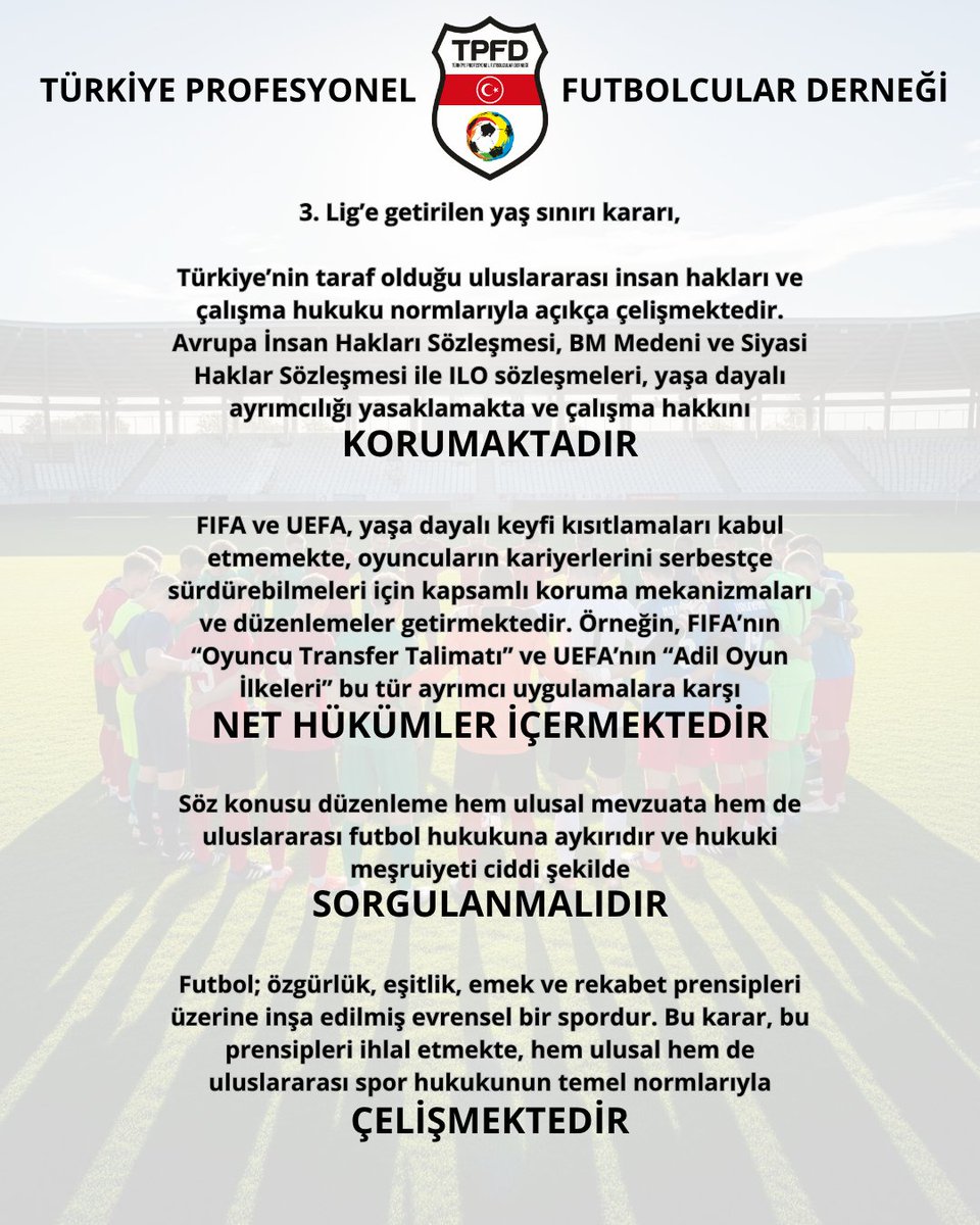 TPFDorgtr's tweet image. 3. Lig'de 25 yaşın üzerinde 5 oyuncu oynatma sınırının kaldırılmasını istiyoruz.

#omuzomuza 
#kontenjanahayır 
#futbolunyaşıolmaz