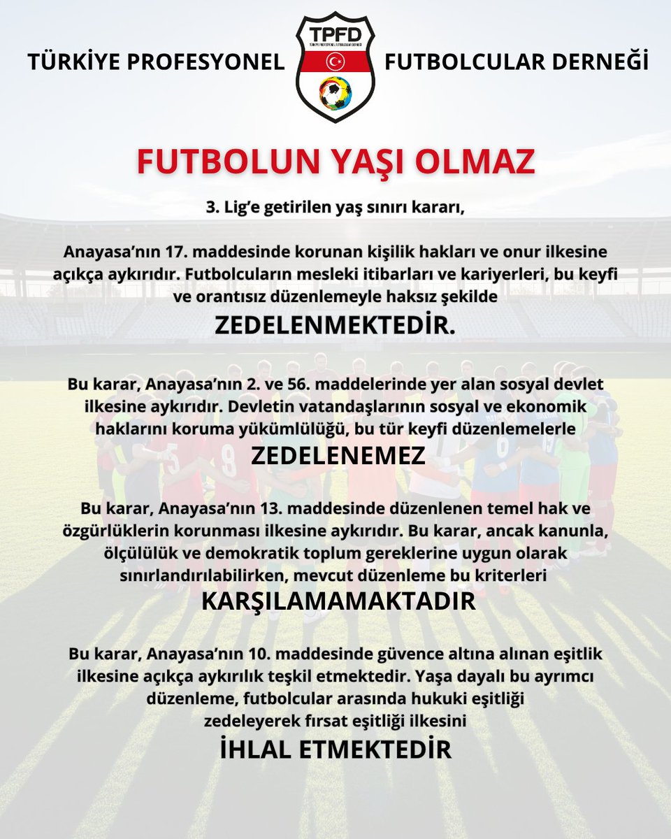 TPFDorgtr's tweet image. 3. Lig'de 25 yaşın üzerinde 5 oyuncu oynatma sınırının kaldırılmasını istiyoruz.

#omuzomuza 
#kontenjanahayır 
#futbolunyaşıolmaz