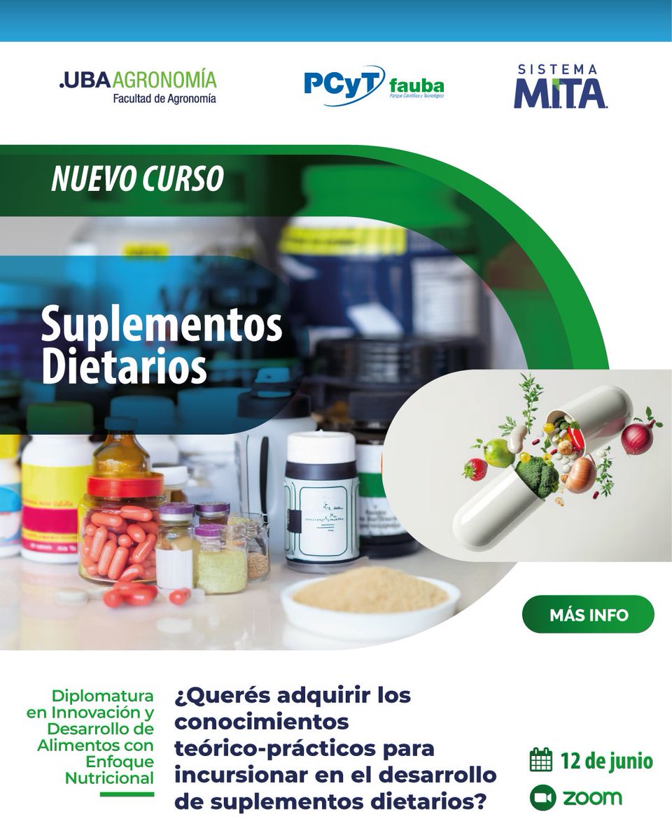 ¿Querés adquirir los conocimientos 📚 para incursionar en el desarrollo de suplementos dietarios? Te invitamos a inscribirte en esta propuesta del PCyT de <a href="/AgronomiaUBA/">FAUBA</a> 🎓 que, basada en evidencia científica 🔬, te brinda herramientas para capacitarte en este creciente sector 📈.