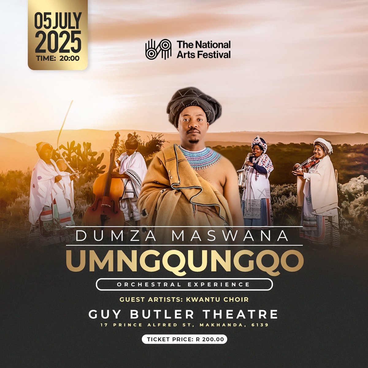 thrilled to be performing at the #NationalArtsFestival2025 in Makhanda! 🙌🏾🎶

Catch the Umngqungqo Orchestral Experience – a 20-piece fusion of jazz, African rhythm &amp; soul, featuring@KwantuChoir from Makhanda.
🎟️ Tickets: tickets.nationalartsfestival.co.za/en/events/978/…
#DumzaMaswana #NAF2025