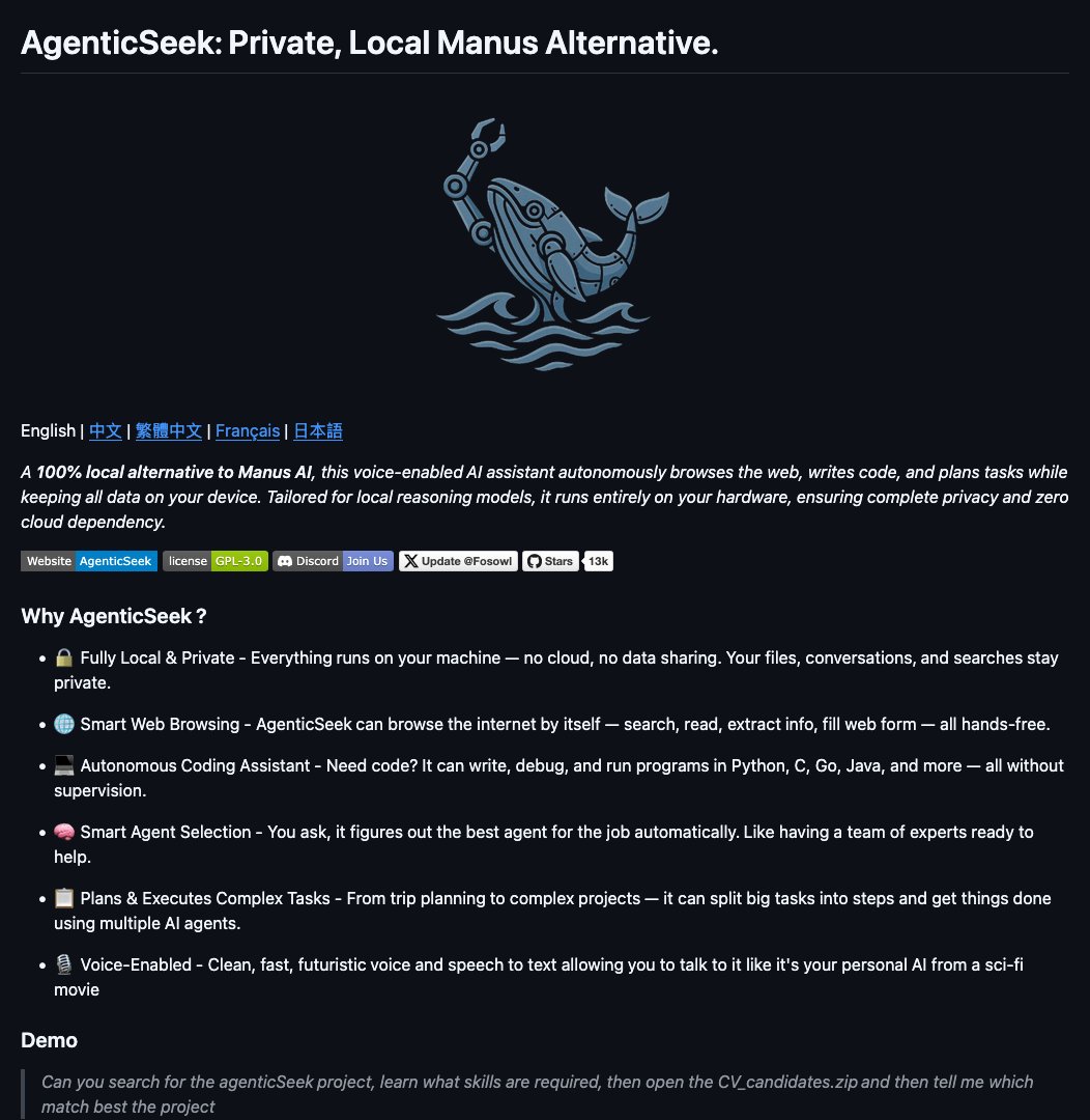 D4Vinci1's tweet image. agenticSeek by @Martin993886460

Introducing AgenticSeek, a private &amp;amp; local AI alternative to Manus. Browse web, code, and complete tasks autonomously with a futuristic voice interface #AgenticSeek #PrivateAI #LocalAI