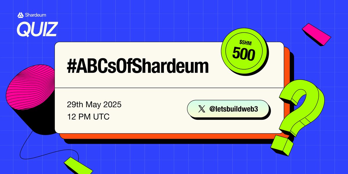 Build Web3 on Shardeum (@letsbuildweb3) on Twitter photo Ready for the QUIZ 🟢
5 questions, 5 winners, 500 $SHM in prizes.
To participate:
1️⃣ Repost this
2️⃣ Follow <a href="/letsbuildweb3/">Build Web3 on Shardeum</a>
Continue to next post for guidelines ⤵️ Ready for the QUIZ 🟢
5 questions, 5 winners, 500 $SHM in prizes.
To participate:
1️⃣ Repost this
2️⃣ Follow <a href="/letsbuildweb3/">Build Web3 on Shardeum</a>
Continue to next post for guidelines ⤵️