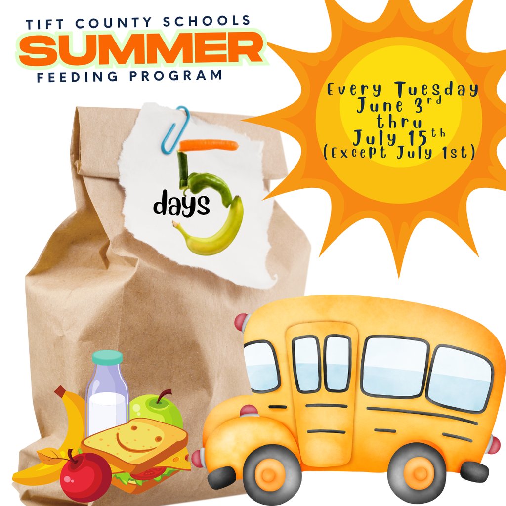 📅 5 Days to Go!
We’re almost there! 🖐️
Starting June 3, pick up meals every Tuesday (except July 1).
✅ Drive-up / walk-up sites
✅ Bus route deliveries
Details: tiftschools.com/page/summer-fe…
#4theT