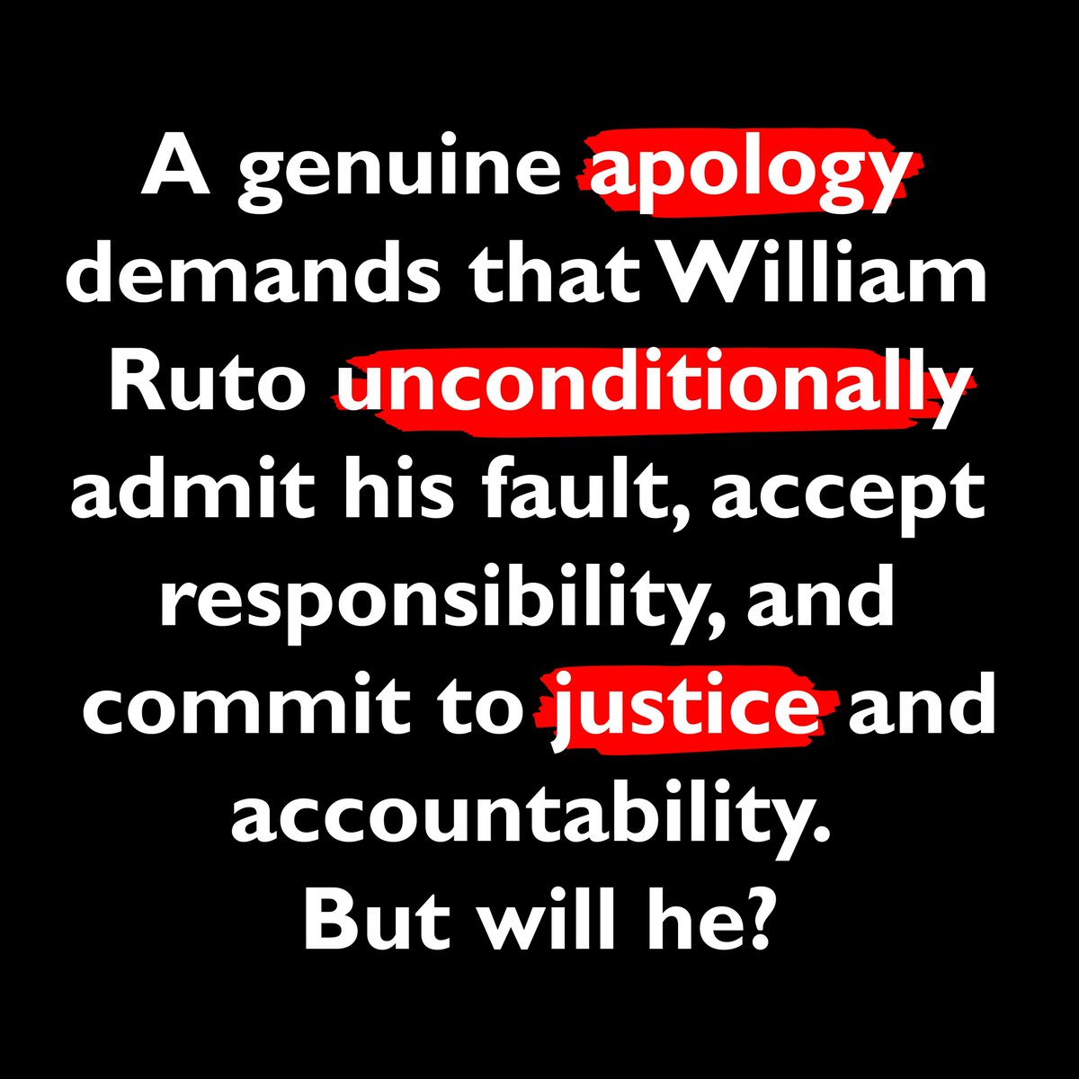 KHRC (@thekhrc) on Twitter photo An apology is an admission of wrongdoing, an acceptance of liability, and a commitment to justice and accountability for the atrocities committed. It should be unconditional.
What <a href="/WilliamsRuto/">William Samoei Ruto, PhD</a> issued yesterday, purporting to āapologizeā to Kenyans for the 2024 extrajudicial An apology is an admission of wrongdoing, an acceptance of liability, and a commitment to justice and accountability for the atrocities committed. It should be unconditional.
What <a href="/WilliamsRuto/">William Samoei Ruto, PhD</a> issued yesterday, purporting to āapologizeā to Kenyans for the 2024 extrajudicial