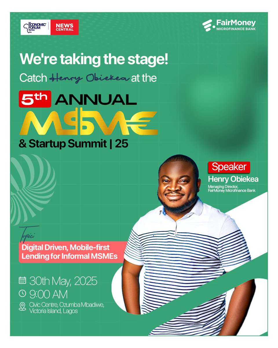 Join us at the Annual MSME &amp; Startup Summit 2025.
🗓️: 30/05/2025
⏰: 9:00 am
📍: Civic Centre, Ozumba Mbadiwe, Lagos.

Register here: lnkd.in/eW7KNZCu

See you soon!