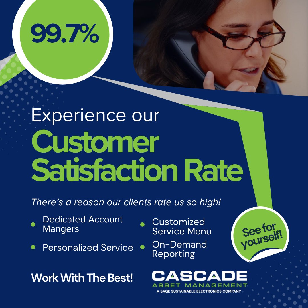 99.7% Client Satisfaction Rating. That’s not a typo! 
Our customers trust us for secure, sustainable ITAD—and keep coming back. Want to see why? Request a quote: ow.ly/twMX50VZCQ2
#CustomerSuccess #ClientSatisfaction #ITADPartner #CascadeResults