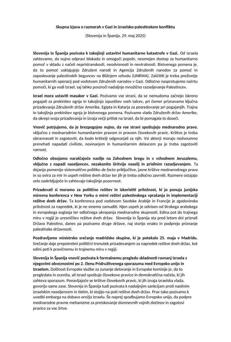 Vlada Republike Slovenije (@vladars) on Twitter photo Skupni poziv predsednikov vlad 🇸🇮 in 🇪🇸 k takojšnji ustavitvi humanitarne katastrofe in masakra v Gazi. <a href="/sanchezcastejon/">Pedro Sánchez</a>. Skupni poziv predsednikov vlad 🇸🇮 in 🇪🇸 k takojšnji ustavitvi humanitarne katastrofe in masakra v Gazi. <a href="/sanchezcastejon/">Pedro Sánchez</a>.