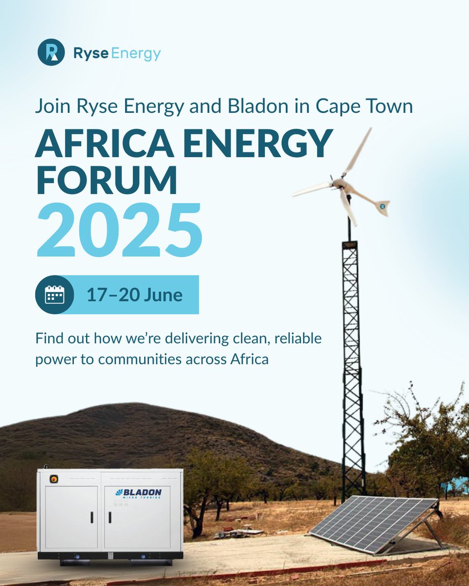 Join Ryse Energy &amp; <a href="/BladonMTG/">Bladon Micro Turbine</a> at Africa Energy Forum 2025 in Cape Town this June! We invite you to meet with our team at the event and explore how we can support your energy goals through practical, proven technology. 

#aef25 #RyseEnergy #RenewableEnergy #Bladon