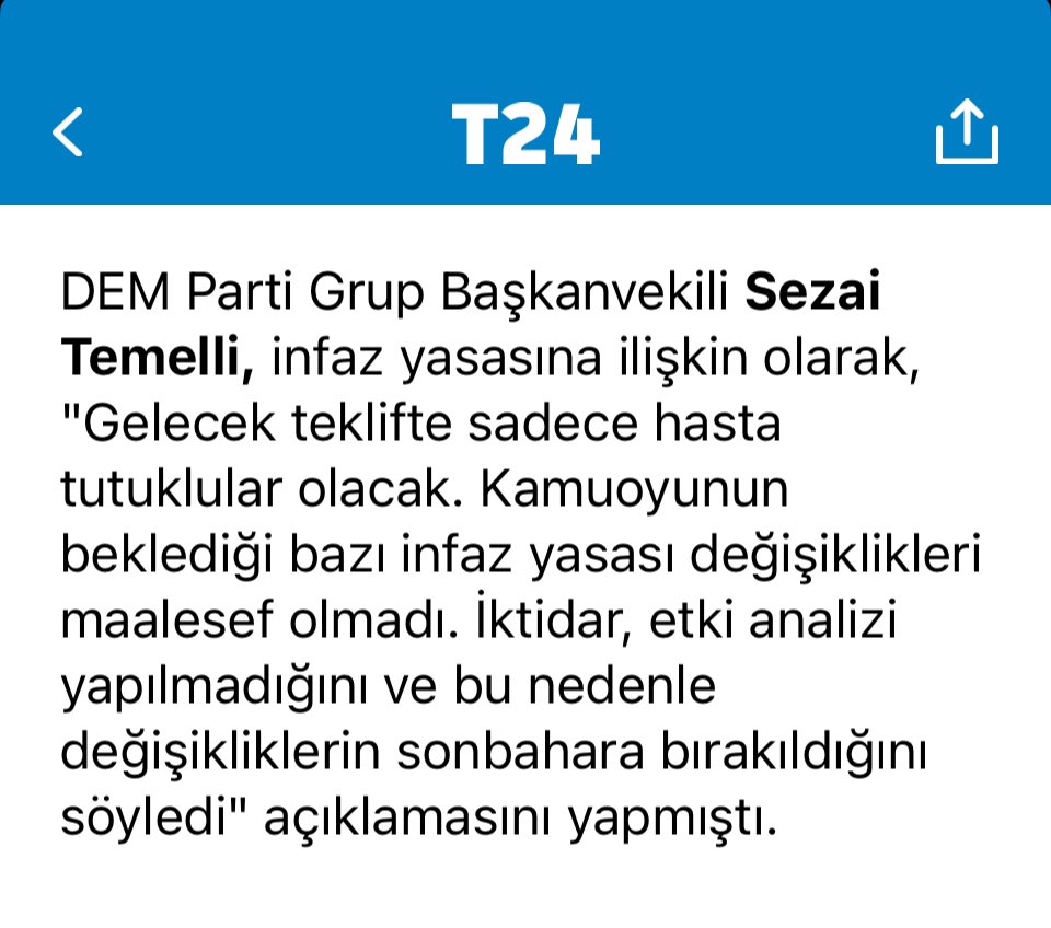 Azmi Karamahmutoğlu (@azmikaramahmut) on Twitter photo Etnikçi şovenist <a href="/SezaiTemelli/">Sezai Temelli</a>’den
Adalet Bakanı <a href="/yilmaztunc/">Yılmaz TUNÇ</a>’a yönelik yetki gasbı:
“DEM Parti Grup Başkanvekili Sezai Temelli, infaz yasasına ilişkin olarak, "Gelecek teklifte sadece hasta tutuklular olacak. Kamuoyunun beklediği bazı infaz yasası değişiklikleri maalesef olmadı. Etnikçi şovenist <a href="/SezaiTemelli/">Sezai Temelli</a>’den
Adalet Bakanı <a href="/yilmaztunc/">Yılmaz TUNÇ</a>’a yönelik yetki gasbı:
“DEM Parti Grup Başkanvekili Sezai Temelli, infaz yasasına ilişkin olarak, "Gelecek teklifte sadece hasta tutuklular olacak. Kamuoyunun beklediği bazı infaz yasası değişiklikleri maalesef olmadı.