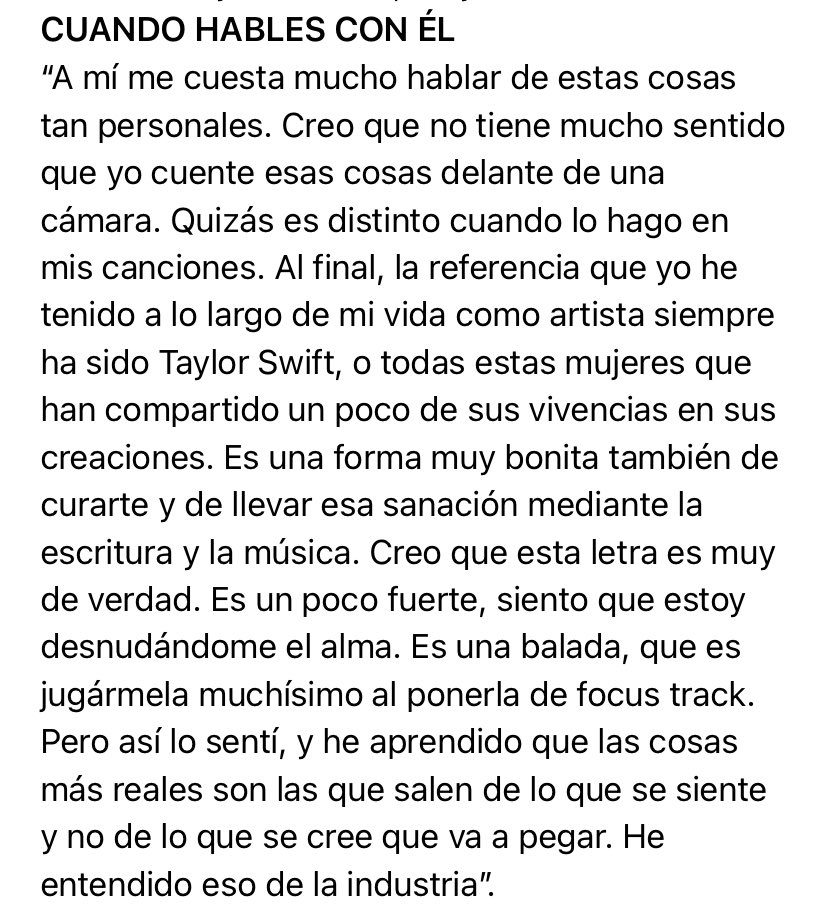 Aitana de #CUANDOHABLESCONÉL para Apple Music:

“Siento que estoy desnudándome el alma. Es una balada, que es jugármela al ponerla de focus track. Las cosas más reales son las que salen de lo que se siente y no de lo que se cree que va a pegar. He entendido eso de la industria”.
