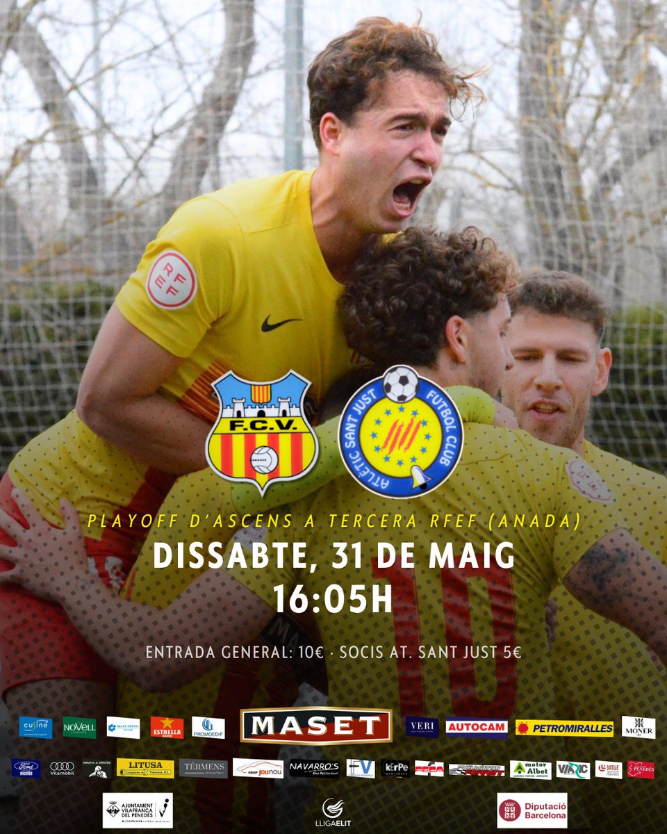 𝗔𝗥𝗥𝗘𝗡𝗖𝗔 𝗘𝗟 𝗣𝗟𝗔𝗬𝗢𝗙𝗙 𝗗'𝗔𝗦𝗖𝗘𝗡𝗦  

<a href="/FCVilafranca/">FC Vilafranca</a> 🆚 <a href="/AtleticSantJust/">Atlètic Sant Just FC</a>
🗓️Dissabte, 31 de maig 
⏰16:05h
🏟️Mpal. de Vilafranca

📻 En directe per Ràdio Vilafranca i Penedès TV (<a href="/rtvvilafranca/">RTV Vilafranca</a>)

#VilafrancaAtSantJust
#LligaElit #playoff
#futbolcat