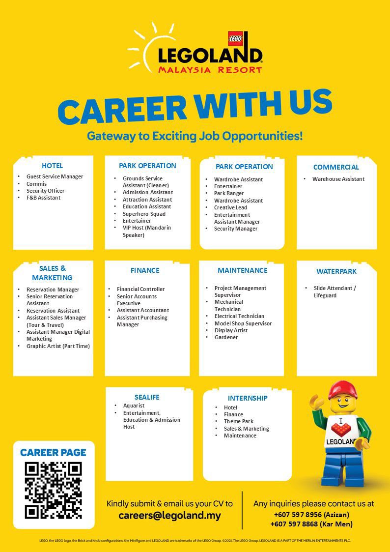 Syahirahyb's tweet photo. Assalamualaikum and Hi ! Latest vacancy at Legoland Malaysia ! Kalau ada kenalan yg tgh mencari pekerjaan boleh kabor at dyorg and boleh contact no yg tertera atau scan QR. Tp kalau part attraction assistant boleh pm saya ye. 
#LegolandMalaysia 
#vacancy
#kerjakosongjohor https://t.co/14mQwkEoOU