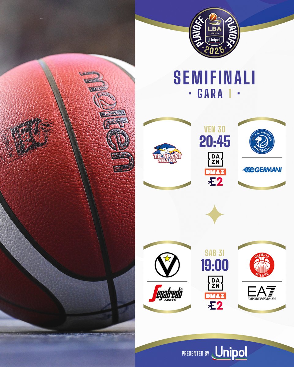 Lega Basket Serie A (@legabasketa) on Twitter photo ▶️ Tutto pronto per l'inizio delle semifinali degli #LBAPlayoff <a href="/UnipolCorporate/">Unipol Corporate</a> 🏆
Si parte con Trapani Shark 🆚 <a href="/GermaniBrescia/">Pallacanestro Brescia</a> e si chiude con il match tra <a href="/VirtusSegafredo/">Virtus Segafredo Bologna</a> e <a href="/OlimpiaMI1936/">Olimpia Milano</a>🔥
E tu, per chi farai il tifo ❓
#TuttoUnAltroSport ▶️ Tutto pronto per l'inizio delle semifinali degli #LBAPlayoff <a href="/UnipolCorporate/">Unipol Corporate</a> 🏆
Si parte con Trapani Shark 🆚 <a href="/GermaniBrescia/">Pallacanestro Brescia</a> e si chiude con il match tra <a href="/VirtusSegafredo/">Virtus Segafredo Bologna</a> e <a href="/OlimpiaMI1936/">Olimpia Milano</a>🔥
E tu, per chi farai il tifo ❓
#TuttoUnAltroSport