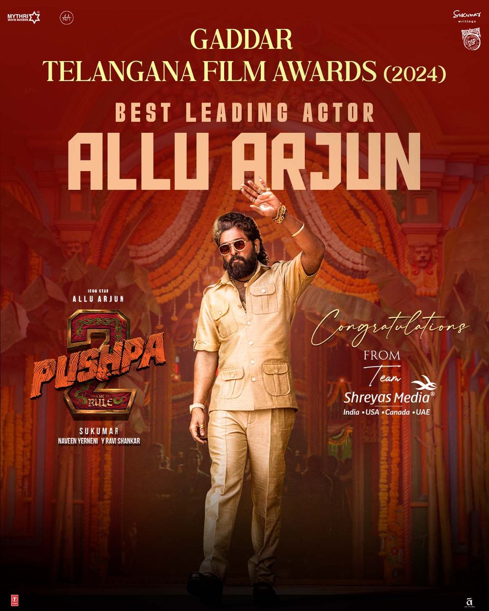 Shreyas Media (@shreyasgroup) on Twitter photo Heartfelt Congratulations to Icon Star <a href="/alluarjun/">Allu Arjun</a> on winning Best Leading Actor at the Gaddar Telangana Film Awards 2024 for #Pushpa2TheRule ❤️🔥
Team #ShreyasMedia feels proud to have been a part of this incredible cinematic journey, from grand releases to unforgettable moments. Heartfelt Congratulations to Icon Star <a href="/alluarjun/">Allu Arjun</a> on winning Best Leading Actor at the Gaddar Telangana Film Awards 2024 for #Pushpa2TheRule ❤️🔥
Team #ShreyasMedia feels proud to have been a part of this incredible cinematic journey, from grand releases to unforgettable moments.