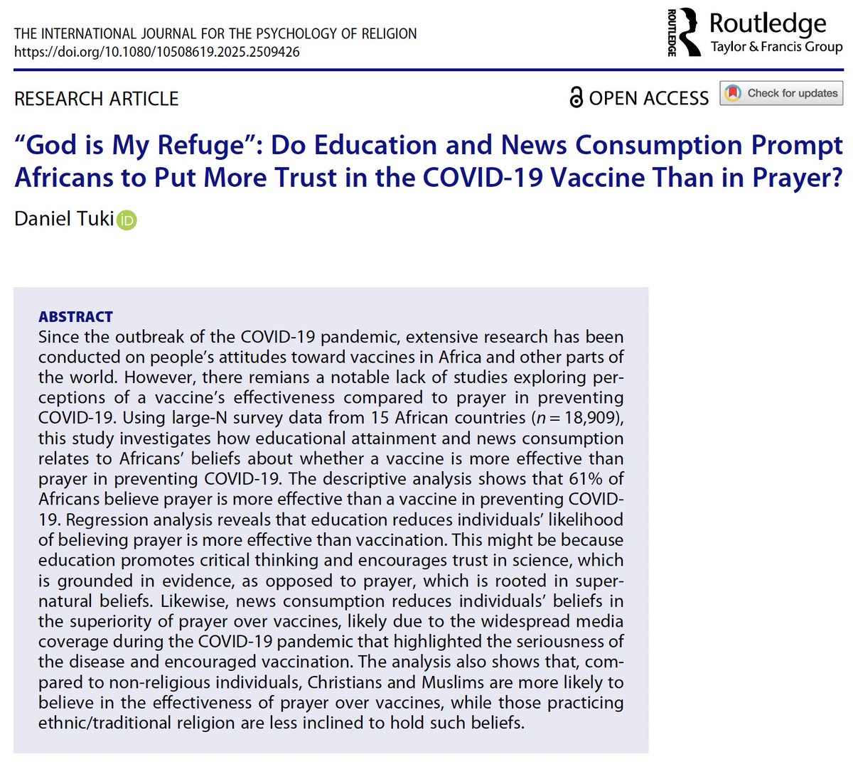 New publication (OA): Africans generally place more trust in prayer than in vaccines. However, higher levels of education and news consumption decrease the tendency to prioritize prayer over vaccination — a topic I explore in my latest publication.
doi.org/10.1080/105086…