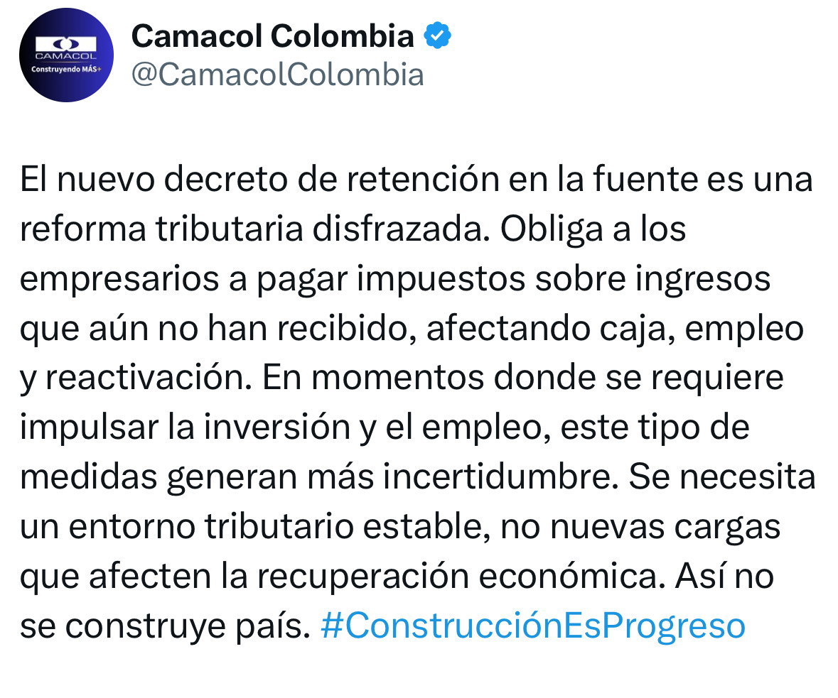 #Atento | La agremiación del sector de vivienda, Camacol, dijo que el nuevo decreto de retención en la fuente es una “reforma tributaria disfrazada”