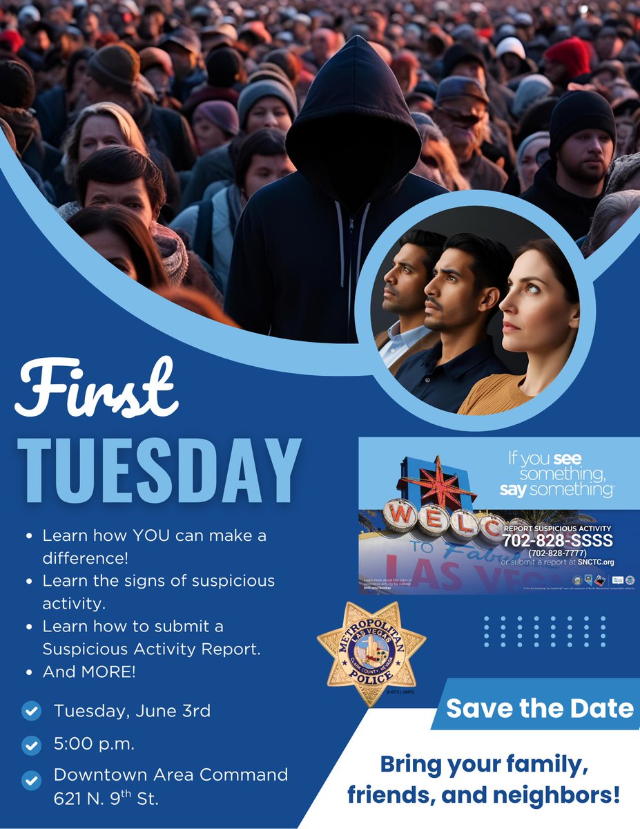 Please join us for First Tuesday on June 3rd at 5:00 pm (new start time) at the Downtown Area Command. See you there!