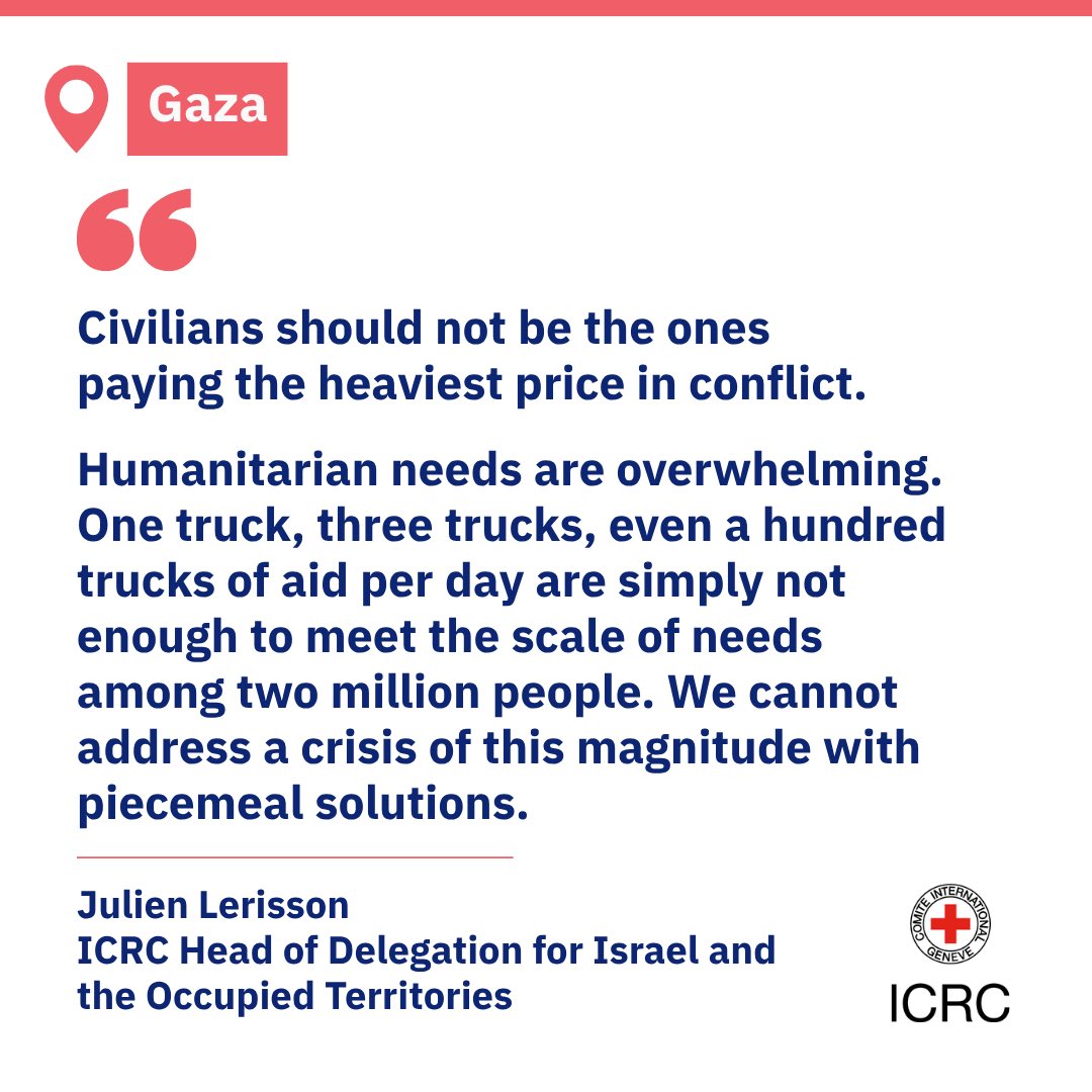The humanitarian situation in Gaza is beyond catastrophic. Six hundred days of hostilities, coupled with severe restrictions on the entry and distribution of humanitarian relief, continue to inflict immense and widespread suffering on civilians. 

icrc.org/en/news-releas…