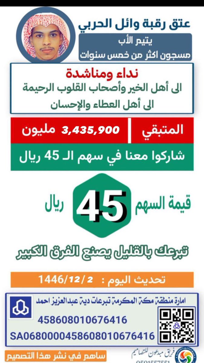 تكفون يأهل الخير والطيب والجود والكرم والشهامه والنخوه والشجاعه الفزعه والجزعه تكفوووووون نبي نكسر حاجز ٤٠٠ ألف في الجمعه والسبت همتكم معنا دعم ونشر لسهم ٤٥ ريال تكفووووووووون الباقي على كسرها ٣٦الف ريال فهمتكم معنا يالنشاما 
فزعتكم
فزعتكم ياشعب طويق مع ام وايل وحيدها من الذكور