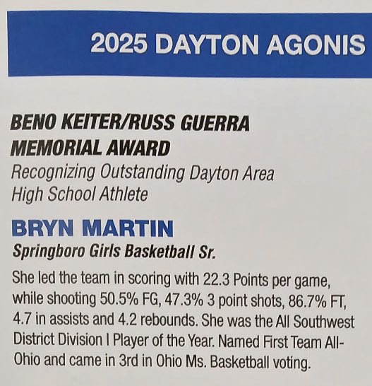 🏅Dayton Agonis Club 72nd Annual Awards🏅Congrats to Bryn Martin for winning the Beno Keiter &amp; Russ Guerra Memorial Award-Outstanding Dayton Area Athlete back to back years‼️ #Dayton
#OutstandingAthletes #DaytonAgonisClub