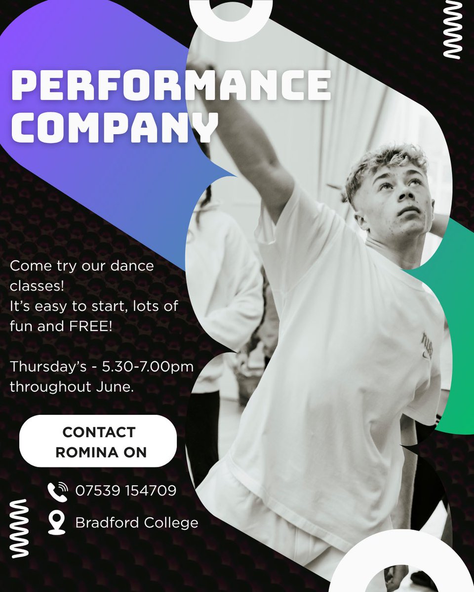 🎉 Free Dance Classes! 🎉
Aged 14–21 &amp; into contemporary dance? Join our performance company this June! Learn technique, create routines &amp; have fun. Great for fitness, confidence &amp; expression.
Check the poster for details!
#FreeDance #YouthDance #TrySomethingNew