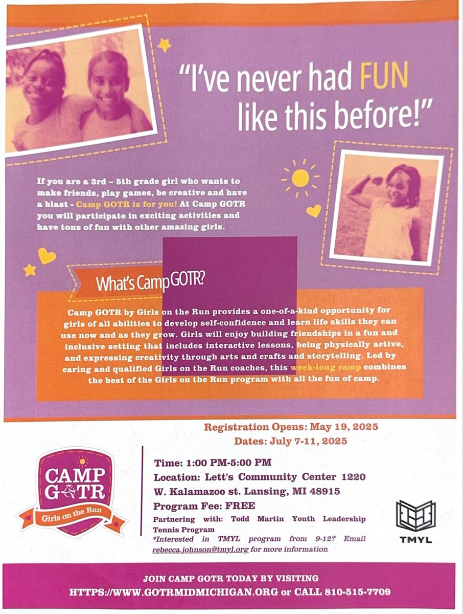 Girls on the Run Mid Michigan (@gotrmidmich) on Twitter photo We are excited to offer Camp GOTR this Summer in Flint and Lansing!! Camp GOTR provides a one-of-a-kind opportunity for girls of all abilities to develop self-confidence and learn life skills in a fun, collaborative environment. To learn more and register, pinwheel.us/register/index… We are excited to offer Camp GOTR this Summer in Flint and Lansing!! Camp GOTR provides a one-of-a-kind opportunity for girls of all abilities to develop self-confidence and learn life skills in a fun, collaborative environment. To learn more and register, pinwheel.us/register/index…